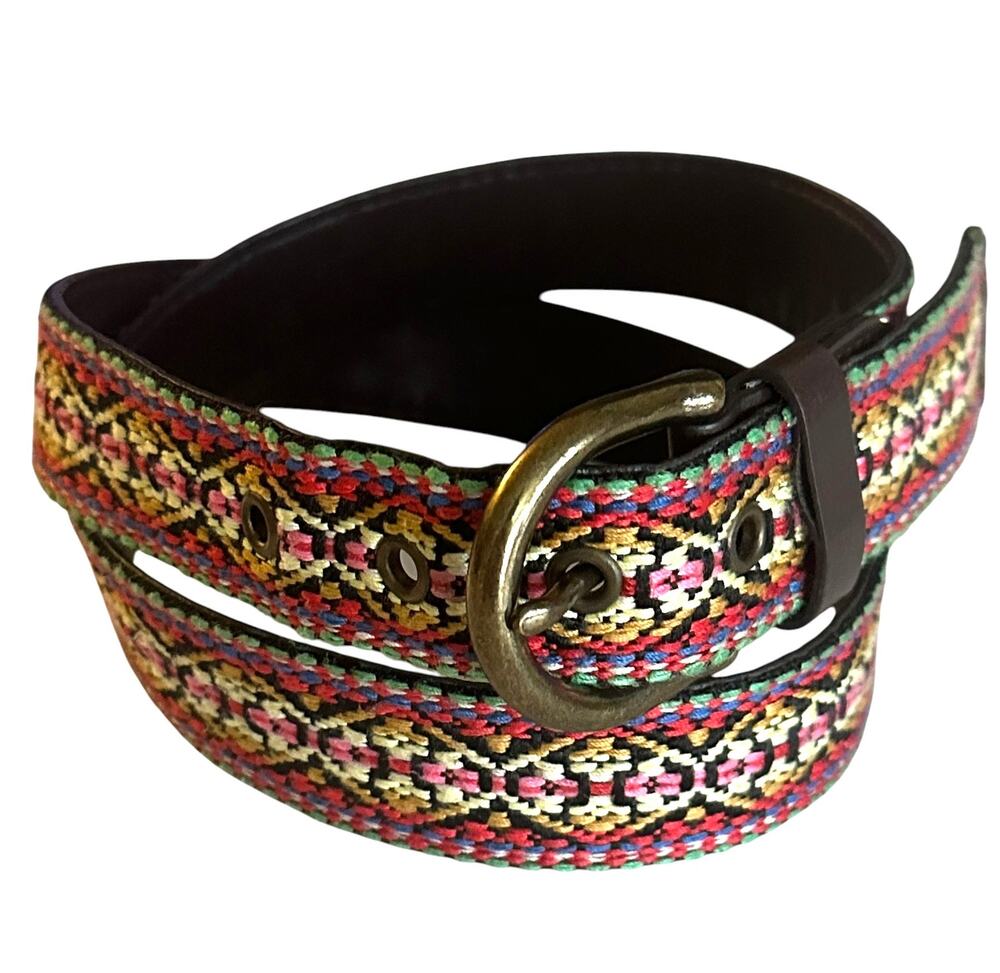 Multicolor Embroidered Belt with Chocolate Brown PU Womens Medium Statement Boho
